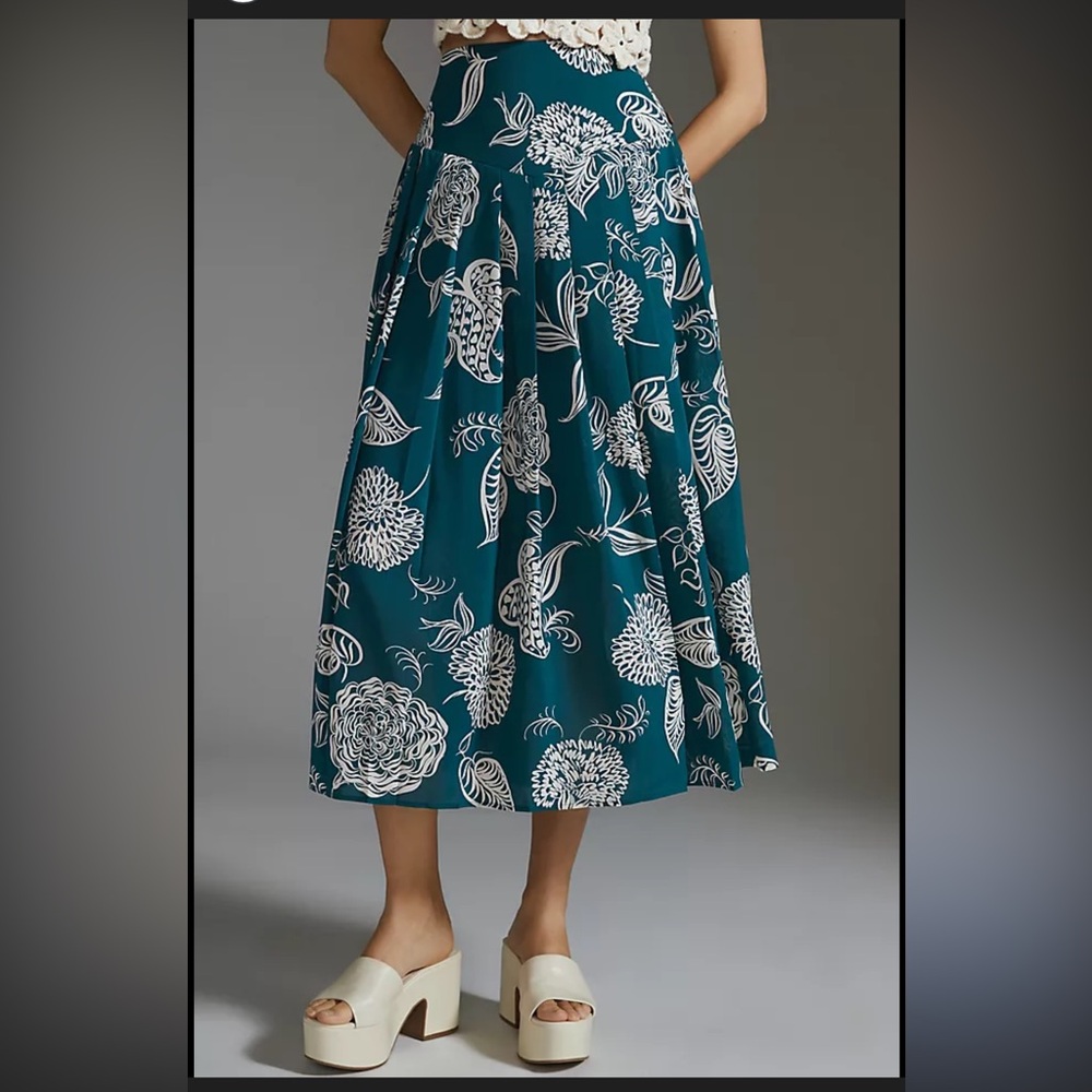 Maeve Anthropology Teal and White Floral maxi Skirt